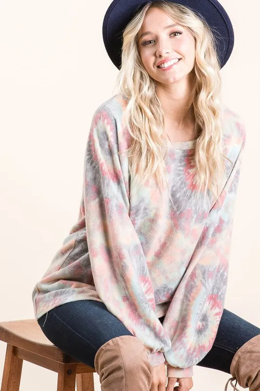 BiBi Brushed Tie Dye Print Top with Puff Sleeves - Love Salve